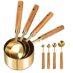 Set gelas pengukur emas dan sendok besi tahan karat, dengan pegangan kayu sendok ukur