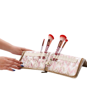 Cracked Metallic PU Large Capacity Durable <b>Makeup</b> <b>Brush</b> Roll Bag Portable Zipper Cosmetic <b>Brush</b> Storage <b>Case</b> with Elastic Slots - Product Image 3