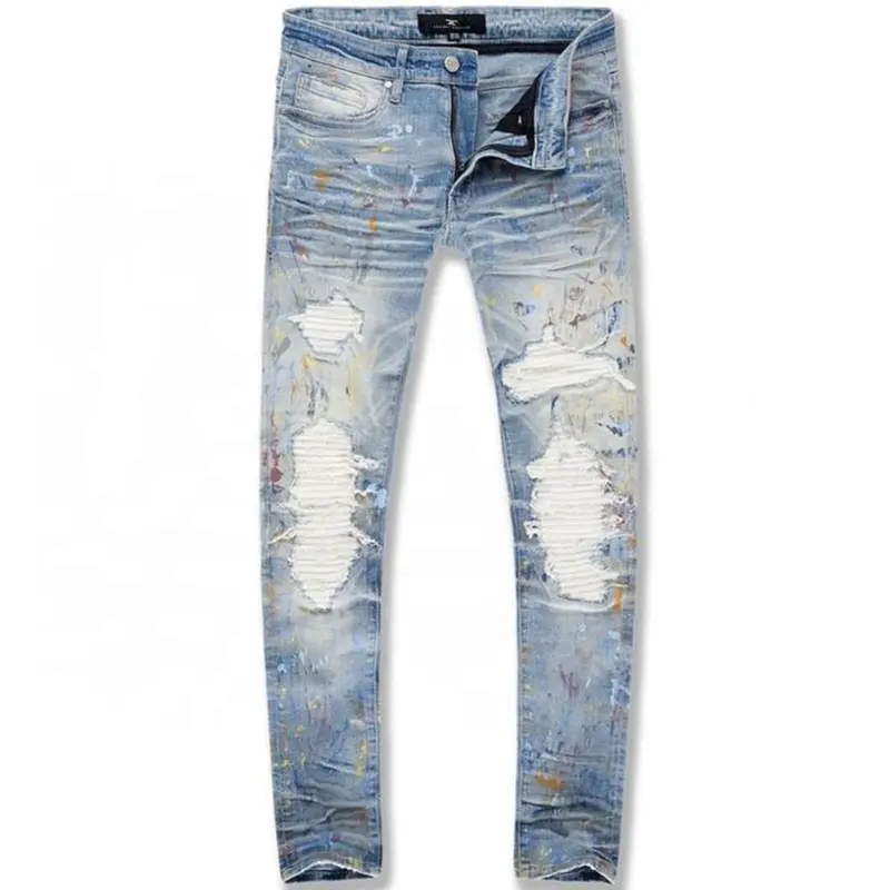 YUEGE Style Jean For Man Fashion Ripped Distressed Tie-Dye Splash Biker Motorcycle Denim Pants