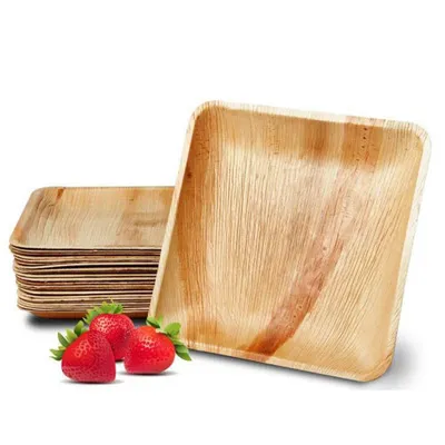 Platos de cena de bambú desechables, placa cuadrada redonda de madera ecológica, Biodegradable, de hoja de palma, M157