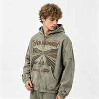 Sweat à capuche zippé délavé soleil avec imprimé graphique OPEN HIGHWAY, effet vintage, streetwear, en coton épais vieilli, pour homme