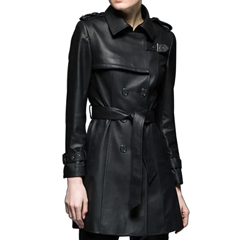 Jaket kulit trendi panjang wanita, pakaian kulit jaket trendi panjang warna hitam untuk wanita