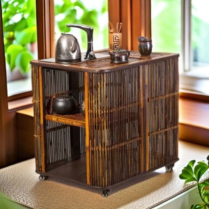 Bamboo Tea Cabinet With Induction Cooker Multi Compartment Storage On Wheels For Tea Set Display And Kitchen Use - Product Image 1