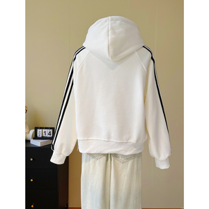 <span class=keywords><strong>Felpa</strong></span> con <span class=keywords><strong>Cappuccio</strong></span> <span class=keywords><strong>Bianca</strong></span> Americana a Tre Strisce di Alta Qualità per Donna, Giacca Spessa e Larga per Autunno e Inverno - Product Image 5