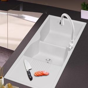 Évier de cuisine double en granit blanc et quartz avec égouttoir, à encastrer sous plan ou sur plan, robuste et moderne - Product Image 2