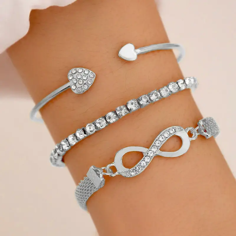 Newly Fashion Jewelry Lucky 8 Shape Heart Tennis Crystal Stone 3 in One Open Cuff Bracelet Sets for Women