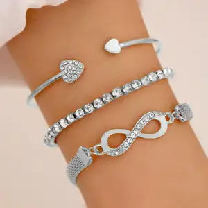 Newly Fashion Jewelry Lucky 8 Shape Heart Tennis Crystal Stone 3 In 1 Open Cuff Bracelet Sets For Women