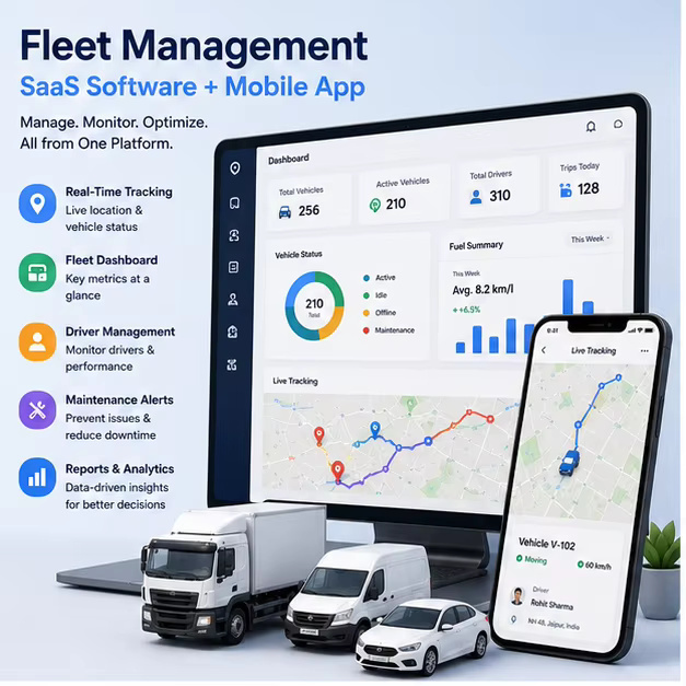 Fleet Management SaaS Software Mobile App Vehicle Tracking GPS Navigation Driver Monitoring Logistics Dispatch