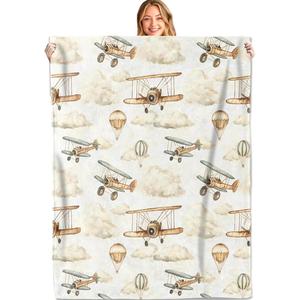 Beige Watercolor Biplanes Flannel Blanket <b>Throw</b> Blanket Nap Blanket <b>Super</b> <b>Soft</b> Machine Washable for Home Office Nap Custom Print - Product Image 1