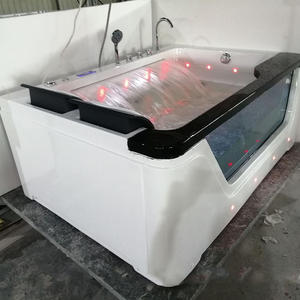 <span class=keywords><strong>Baignoire</strong></span> encastrée moderne en acrylique pour <span class=keywords><strong>2</strong></span> <span class=keywords><strong>personnes</strong></span> avec massage à air, éclairage LED et drain, installation en coin - Product Image 1