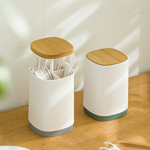 Japanese Style Toothpick Holder With Bamboo Lid Circular Design Eco-Friendly Bathroom Storage For Cotton Swabs And Dental Floss - Product Image 4