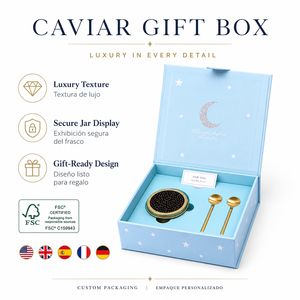 Sumptuous Wholesale Custom for Certified Light Blue Art Paper <b>Box</b> Magnetic Closure Rigid Food Grade Caviar Gift <b>Box</b> Embossing - Product Image 1