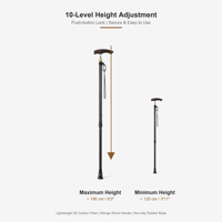 Canne de marche en fibre de carbone 3K pour seniors, poignée en bois de wengé, hauteur réglable 110-140 cm, embout antidérapant, légère, randonnée en plein air