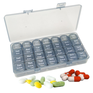 Nuevo diseño Venta caliente Precio barato 28 Estuches Organizador de pastillas de plástico semanal 28 Compartimentos Pastillero de <span class=keywords><strong>7</strong></span> días - Product Image 1