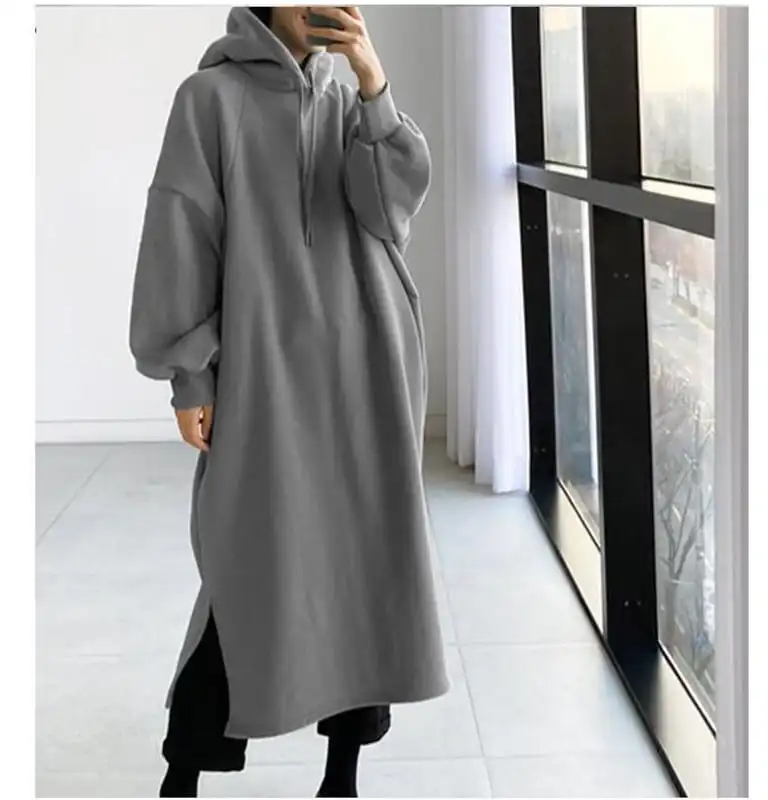 Custom Muslim Women Hooded Dress Solid Color Full Sleeve Pullover Dresses Fall Long Hoodie Sweatshirt Dress with pocket China