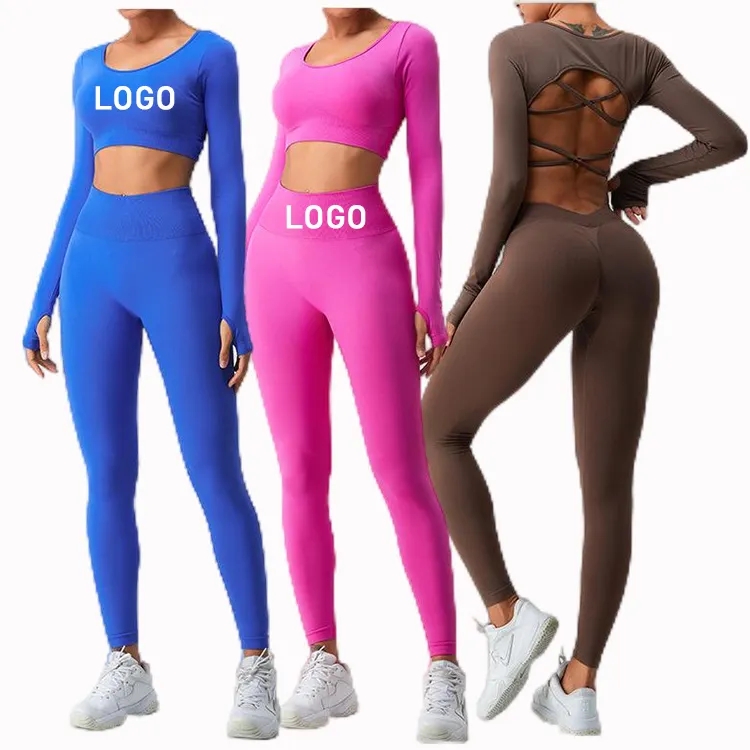 Raspe Butt Lift Gym Yoga Leggings Set Strappy Voltar Manga Longa 2 Peça Seamless Fitness Gym Workout Yoga Set