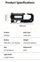 Couteau pliant rechargeable 400mAh Li-ion 200lm IP44 étanche avec lampe de travail et ouvre-bouteille
