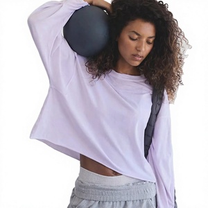 Camiseta deportiva de algodón personalizada al por mayor para otoño, de manga larga holgada, top deportivo corto, ropa deportiva en blanco para gimnasio y entrenamiento. - Product Image 2