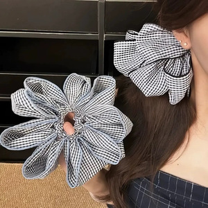 Chouchous à nœud pied-de-poule bleu et blanc, grands élastiques à <span class=keywords><strong>cheveux</strong></span> surdimensionnés pour femmes, accessoires capillaires doux de style coréen, bandeaux pour <span class=keywords><strong>cheveux</strong></span> - Product Image 2