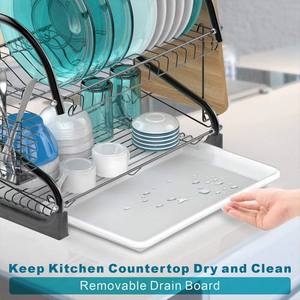 رف تخزين لسطح المطبخ من طبقتين، رف تجفيف الأطباق من الفولاذ الكربوني مع حامل لتصريف المياه - Product Image 3