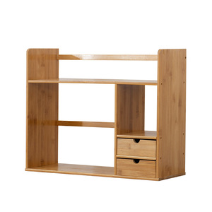 Bamboo Mini <b>Desktop</b> Storage Rack 2 Tier Wooden Bookshelf Office Organizer Natural Wood Color Rectangle Standing Type - Product Image 5