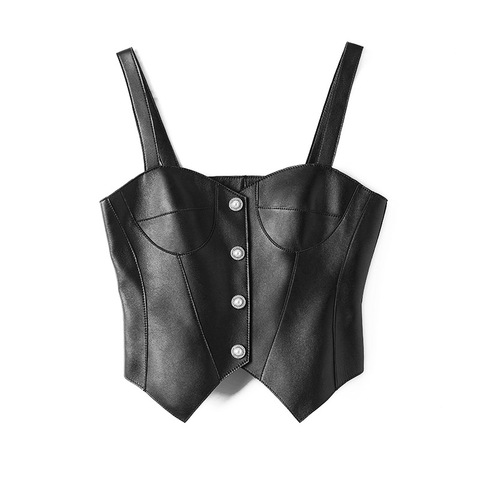 4907 Korean Style Real Leather Vest Solid Color Slim Women's Leather Camisole Vest