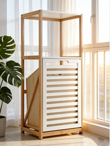 Scaffale <span class=keywords><strong>Salvaspazio</strong></span> Moderno in Bambù con Cesto Estraibile, Organizzatore Autoportante Alto per Bagno, Lavanderia e Camera da Letto - Product Image 2