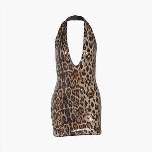Nuevo Diseño, Vestido Corto Sexy con Lentejuelas y Estampado de Leopardo, Espalda Descubierta, Cintura Natural, para Club Nocturno - Product Image 3