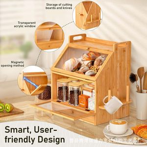Boîte de rangement à pain en bambou à double couche avec porte en verre, boîte à pain en bois massif avec tiroir pour comptoir de cuisine - Product Image 3
