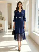 Robe de bureau bleu marine à col en V, plissée, avec ourlet en dentelle, manches évasées 3/4, robe midi pour femme avec ceinture
