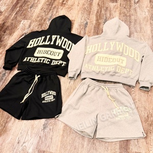 Custom <b>Mens</b> Zip up Hoodies Tracksuit Set Embroidery <b>Patch</b> logo Gray Sweat Suit Two Piece Set Unisex Custom Hoodie and <b>Shorts</b> Set - Product Image 1