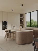 Cuisine Modulaire Moderne Artisanale avec Îlot Central, Plan de Travail en Marbre, Robinet, Panier de Rangement, Construction en Contreplaqué