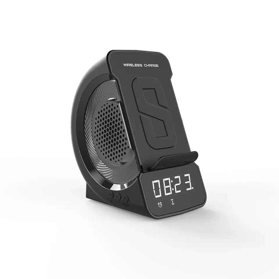 शबा की पोर्टेबल अलार्म घड़ी वायरलेस चार्जर के साथ ब्लूटूथ मल्टी फ़ंक्शन स्पीकरफोन शांत सफेद शोर fm रेडियो