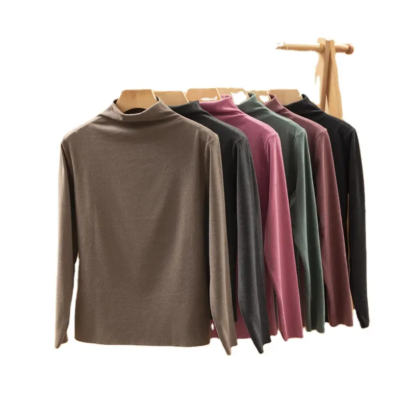 2024 nuevas camisetas de Otoño Invierno para mujer, camisetas sólidas de cuello alto de manga larga, camisetas ajustadas informales de estilo coreano