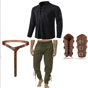 4Pcs/set Halloween Vintage Men's Renaissance Costume Set Medieval Pirate Shirt Ankle Banded Pants Belt Accessories <strong>Outfit</strong> - Product Image 5