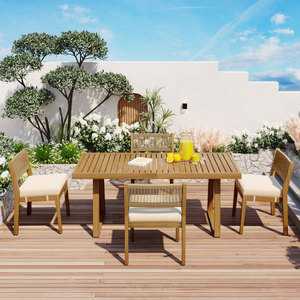 Modern <b>Foldable</b> Multi-person Outdoor Acacia Wood Dining <b>Table</b> <b>Chair</b> Set with Thick Cushions Eco-Friendly & Portable for Balcony - Product Image 2
