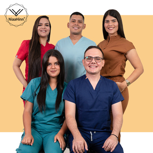 Niaahinnファッショナブルな健康労働者黒Vネック女性男性歯科看護師ドクター弾性ウエストジョガーパンツスクラブユニフォームセット - Product Image 1