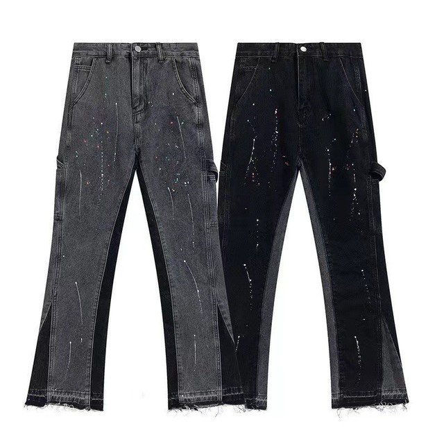 OEM Factory Custom Designer Jeans Stonewashed Distressed Denim Street Style Straight Leg Flare Patchwork Pattern Denim Jeans