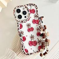 Coque de téléphone portable tendance en TPU motif léopard et cerise avec bord ondulé, coque arrière crème en TPU pour iPhone 16 15 17 Air 18 Pro Max