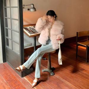 Veste en fourrure de <span class=keywords><strong>renard</strong></span> rose véritable luxueuse pour femmes 2025, réversible, courte, manteau d'hiver, vêtements d'hiver de luxe avec grand col en fourrure - Product Image 5