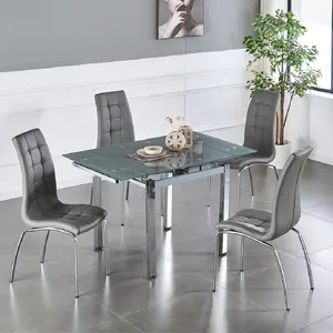 Conjunto de mesa de jantar, venda quente, moderno, sala de jantar, móveis, tabelas de aço inoxidável e 4 cadeiras de couro pu com tamanho extensível