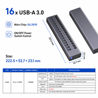 16 Portlu Güçlendirilmiş USB 3.0 Hub, 5Gbps, 16x USB-A, Ayrı Ayrı Anahtarlı, Veri ve Şarj İçin Alüminyum Çoklu Portlu Hub