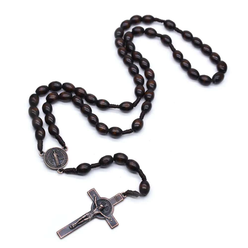 BDN013 حار بيع المسيحية يسوع سوار خشبي عبر قلادة المنسوجة حبل سلسلة عقد خرز الدينية الصلاة مجوهرات