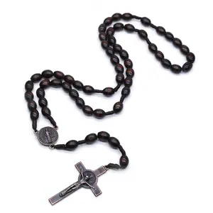 BDN013 Offre Spéciale pendentif de croix en perles de bois de jésus de christ, chaîne de corde tissée, collier de chapelet, bijoux de prière religieux