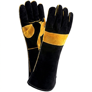 Leather Heat Resistant Safety <b>Gloves</b> 14 Inch Straight Cuff Anti-Heat Abrasion Resistance Black with Yellow Trim - Product Image 1