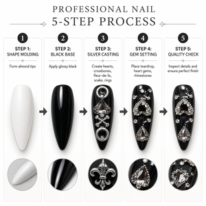Faux ongles gothiques sombres en PMMA, longs, à pression, avec strass noirs, forme cercueil, couvrance totale, faits à la main, pour doigts - Product Image 2
