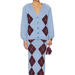 Wholesale Custom Vintage Argyle V Neck Cardigan Sweater Women And Knitted Skirt 2 Piece Set Preppy Knitwear Women's Sweater Set