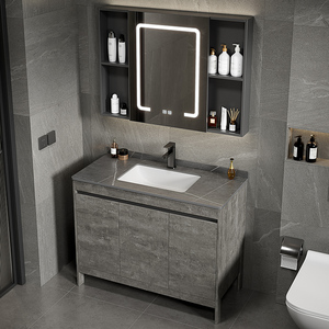 Meuble-lavabo <span class=keywords><strong>de</strong></span> salle <span class=keywords><strong>de</strong></span> bain <span class=keywords><strong>de</strong></span> luxe gris en aluminium, à poser au sol, avec vasque en céramique, double porte sans poignée, miroir intelligent LED anti-buée, pour <span class=keywords><strong>la</strong></span> maison - Product Image 6