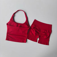Conjunto de 2 piezas de sujetador deportivo y shorts de yoga de cintura alta color melocotón, con efecto de realce de abdomen y cadera, antichoque y cuello halter