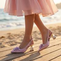 Sepatu Hak Tinggi Wanita Elegan PU Berhiaskan Rhinestone Kupu-kupu Kristal AB Ujung Runcing Slingback Hak Blok Berlian Sandal Pesta